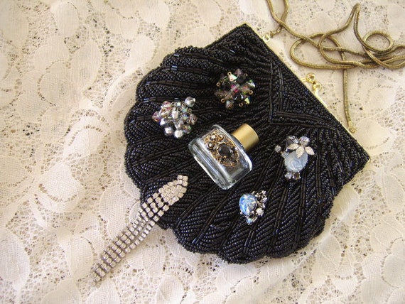 Vintage OOAK Black Beaded Jeweled Perfume Bottle … - image 1