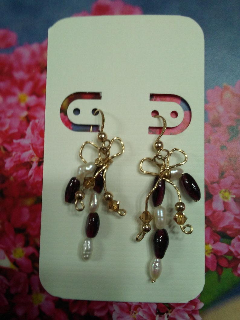 14K GF Wire Bow Purple Bead White Pearl Dangle Drop Pierced Earrings