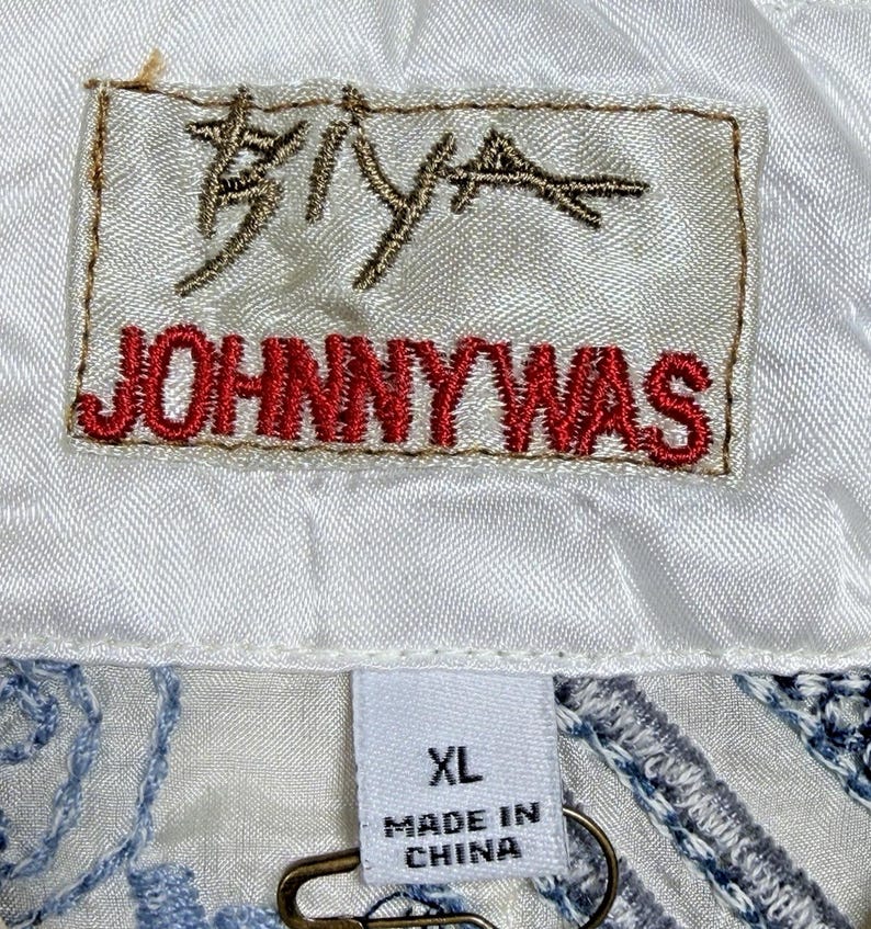 Rare Biya Johnny Was XL Embroidered Silk Blouse Cream Blue Floral Button Down image 3