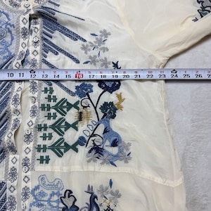 Rare Biya Johnny Was XL Embroidered Silk Blouse Cream Blue Floral Button Down image 6