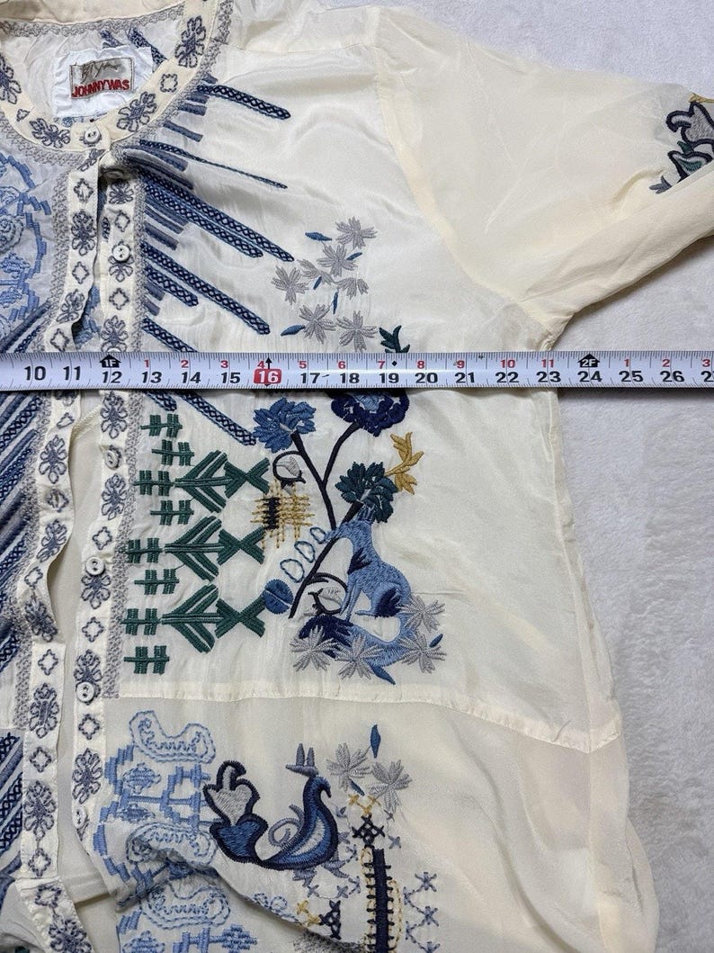 Rare Biya Johnny Was XL Embroidered Silk Blouse Cream Blue Floral Button Down image 6