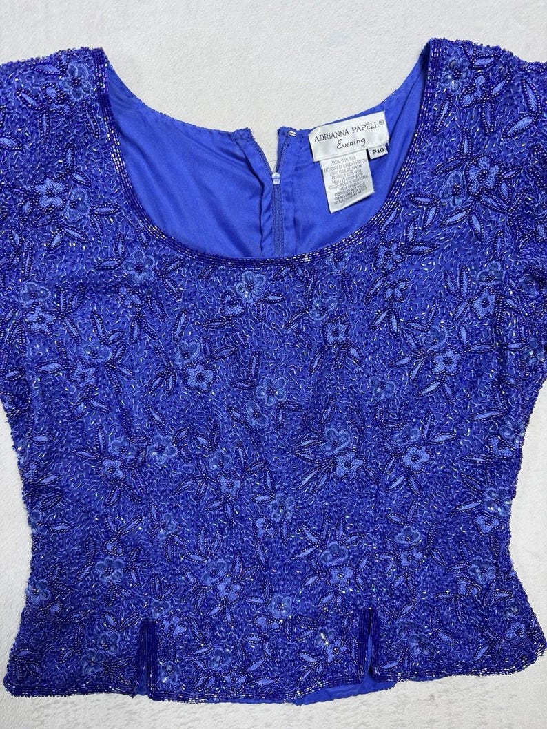 Blusa de noche de seda con cuentas de Adrianna Papell, estampado floral azul, talla 10 petite, estilo vintage de los años 90. imagen 1