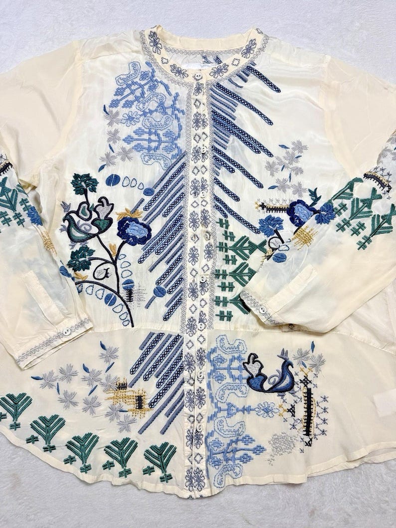 Rare Biya Johnny Was XL Embroidered Silk Blouse Cream Blue Floral Button Down image 9