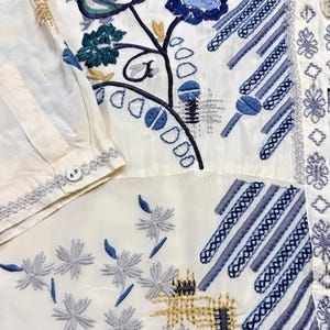 Rare Biya Johnny Was XL Embroidered Silk Blouse Cream Blue Floral Button Down image 11
