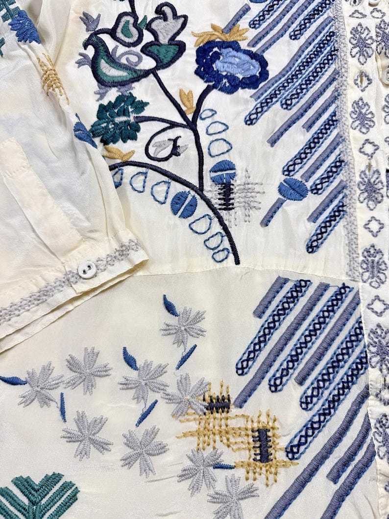 Rare Biya Johnny Was XL Embroidered Silk Blouse Cream Blue Floral Button Down image 11