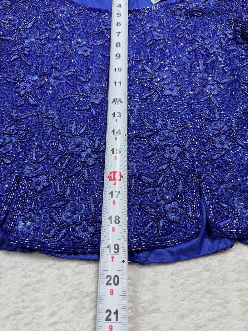 Blusa de noche de seda con cuentas de Adrianna Papell, estampado floral azul, talla 10 petite, estilo vintage de los años 90. imagen 5