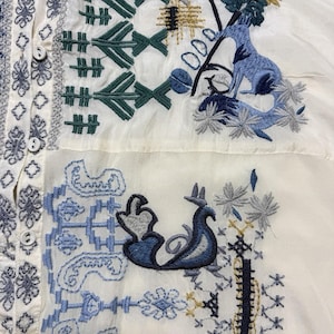 Rare Biya Johnny Was XL Embroidered Silk Blouse Cream Blue Floral Button Down image 8