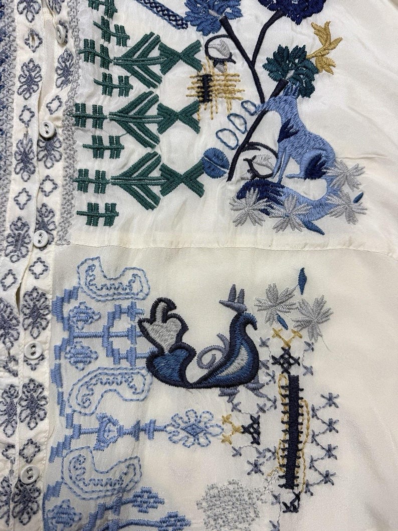 Rare Biya Johnny Was XL Embroidered Silk Blouse Cream Blue Floral Button Down image 8
