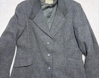 L.L. Bean Vintage Wool Tweed Blazer Sz 8P Gray Suede Collar Made in USA Gorpcor