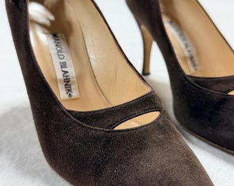 Vintage Manolo Blahnik Brown Suede Slingback Heels Buckle Pointed Toe Italy 37 US 7.5