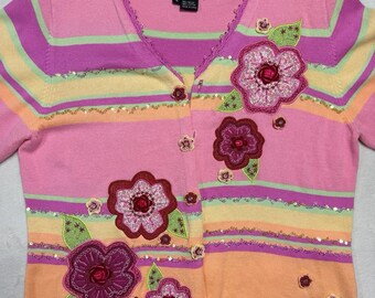 VTG Berek Cardigan à fleurs Lg rose rayé rayé appliques Sequin Whimsigoth Coton Med