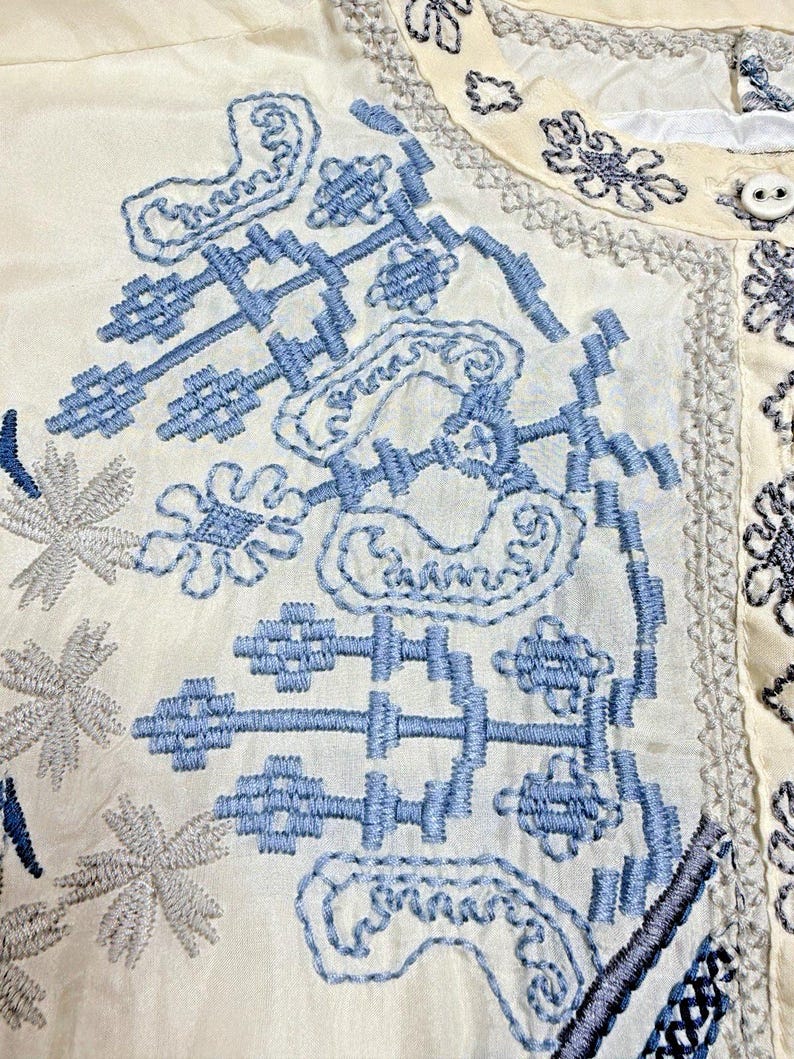 Rare Biya Johnny Was XL Embroidered Silk Blouse Cream Blue Floral Button Down image 12