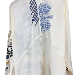 Rare Biya Johnny Was XL Embroidered Silk Blouse Cream Blue Floral Button Down image 2