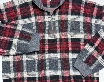 Jersey de manga larga con cremallera de un cuarto, mezcla de lana y cuadros vintage de L.L. Bean, talla grande, fabricado en Italia (Cabincore).