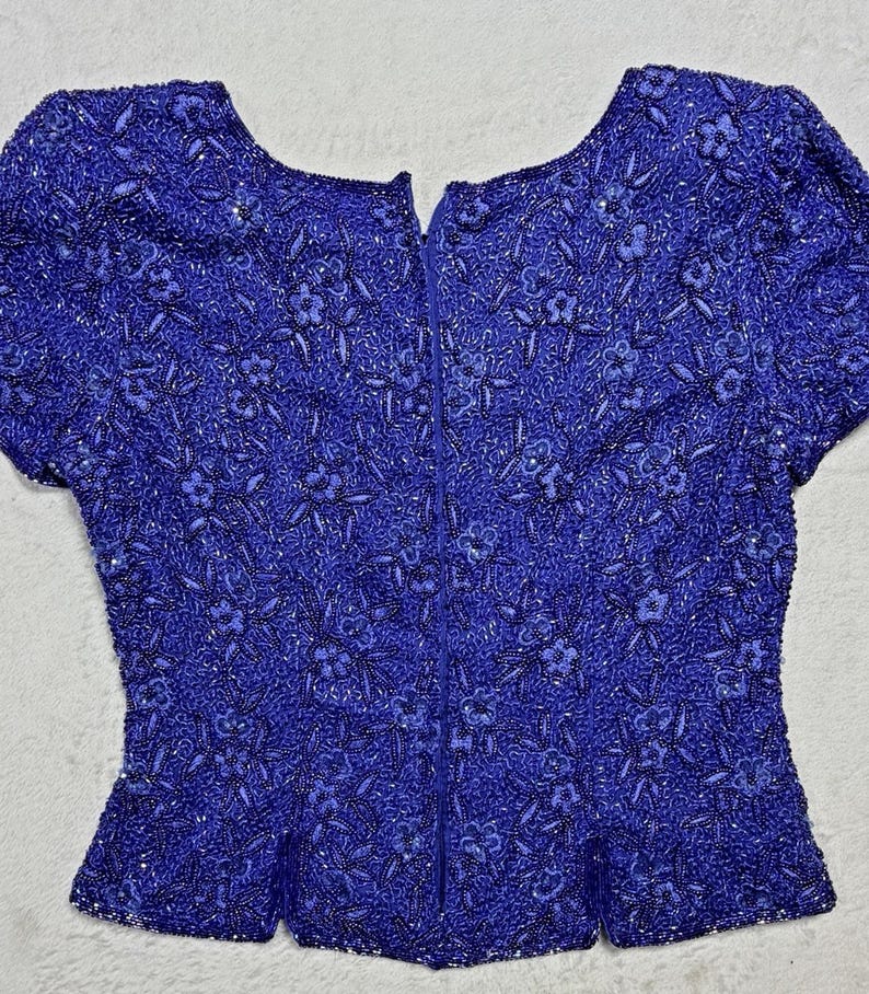 Blusa de noche de seda con cuentas de Adrianna Papell, estampado floral azul, talla 10 petite, estilo vintage de los años 90. imagen 8