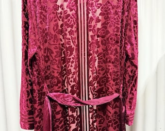 Valentino Intimo VTG Burgundy Burnout Velvet Floral Long Robe Devoré Sheer O/S