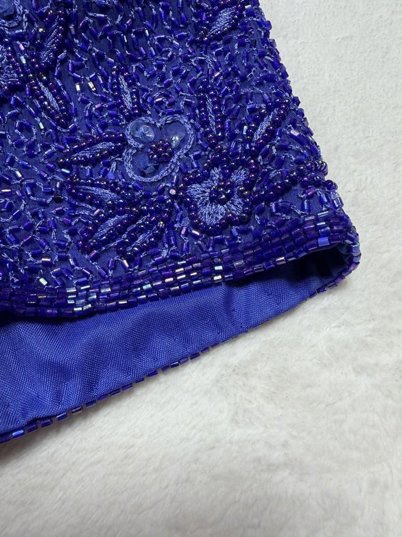 Blusa de noche de seda con cuentas de Adrianna Papell, estampado floral azul, talla 10 petite, estilo vintage de los años 90. imagen 3