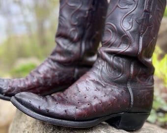 VTG Lucchese Classics Full Quill Ostrich Boots 12 D Black Cherry 2003