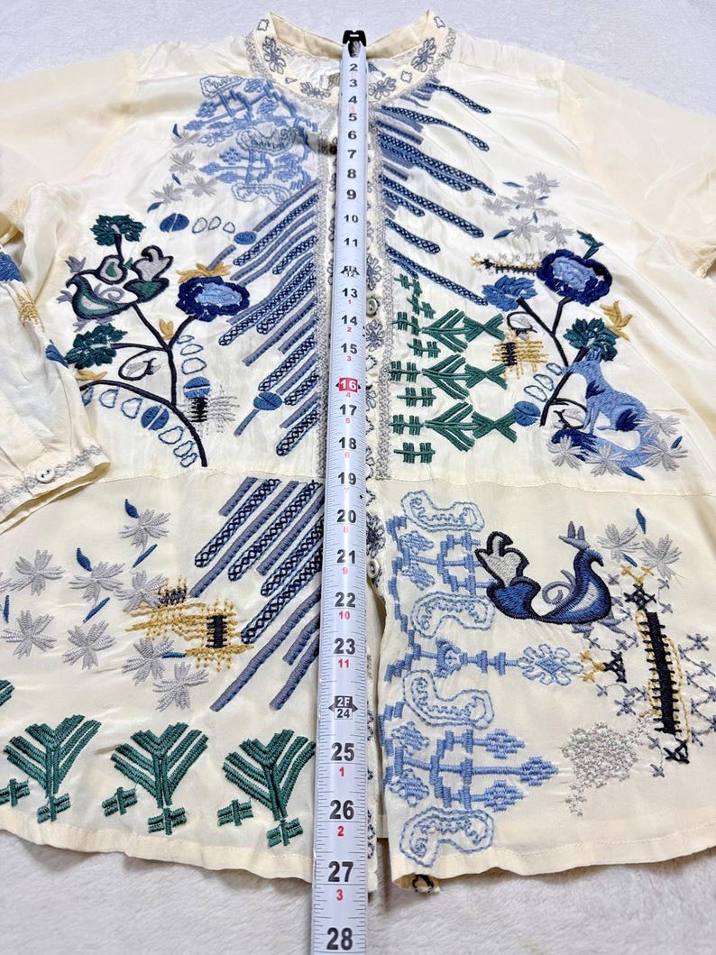 Rare Biya Johnny Was XL Embroidered Silk Blouse Cream Blue Floral Button Down image 5