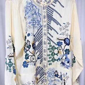 Rare Biya Johnny Was XL Embroidered Silk Blouse Cream Blue Floral Button Down image 1