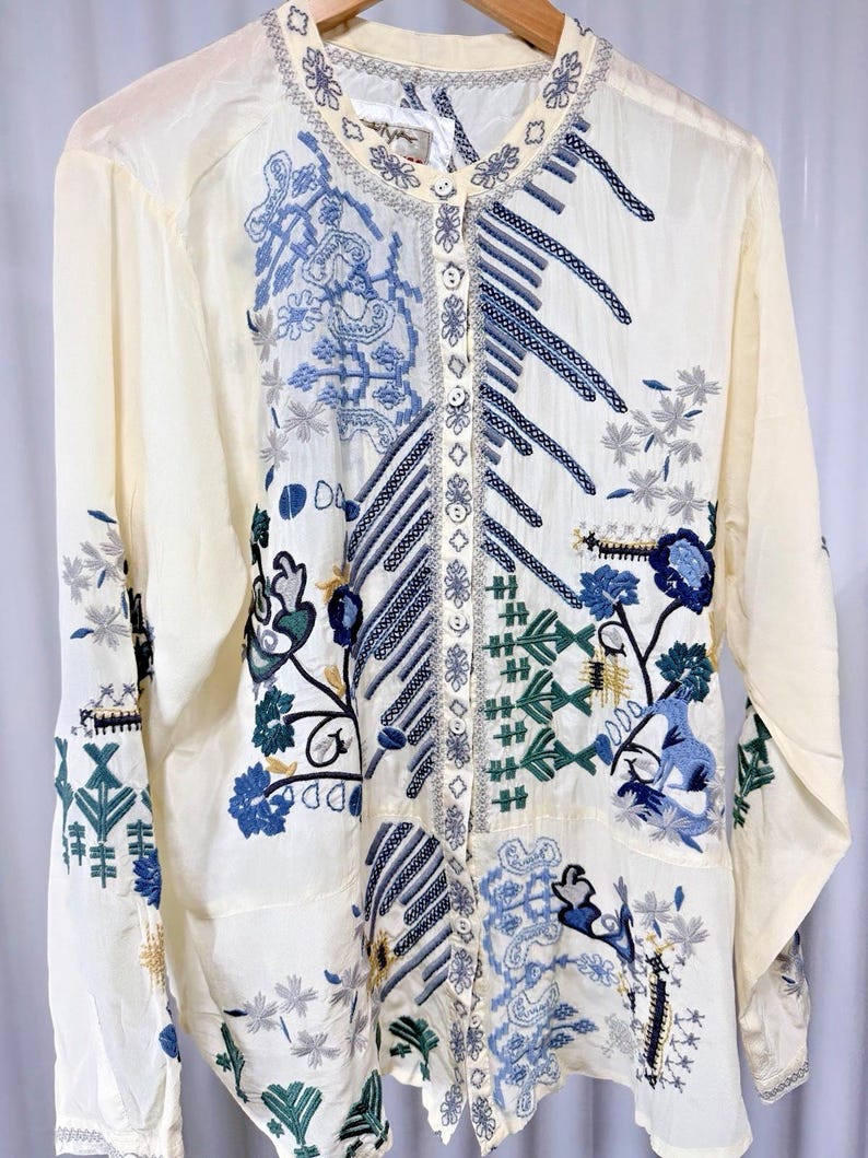 Rare Biya Johnny Was XL Embroidered Silk Blouse Cream Blue Floral Button Down image 1