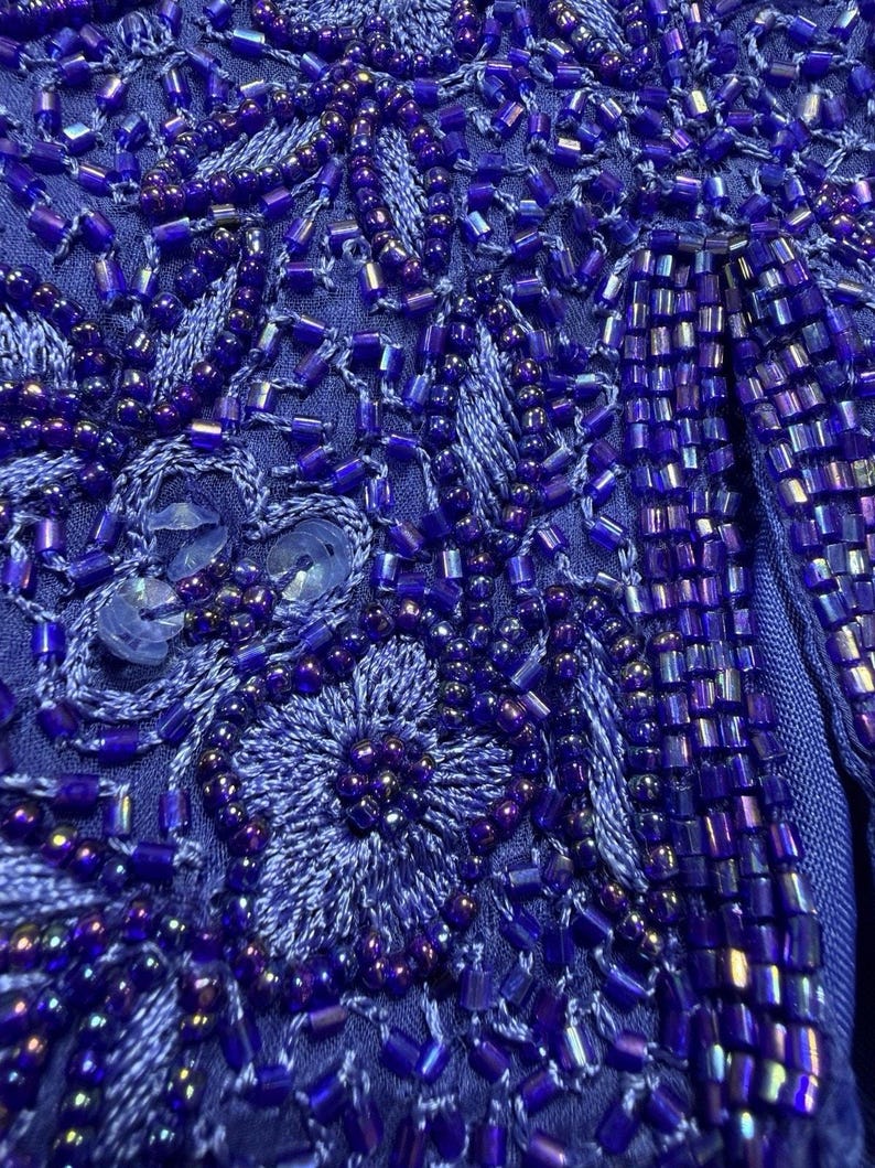 Blusa de noche de seda con cuentas de Adrianna Papell, estampado floral azul, talla 10 petite, estilo vintage de los años 90. imagen 4