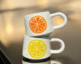 Cadeau Original Café 4 Tasses à Café 15oz (425ml) - Céramique Handmade - Design Floral - Lavable Lave-Vaisselle - Jaune Vaisselle Céramique Artisanale