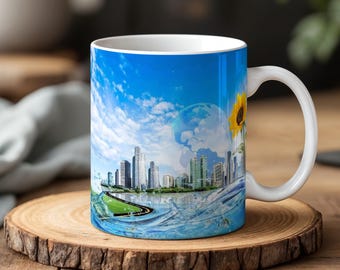 Frutiger Aero Kubek z Surreal Eco City Water Flow i Słonecznikiem Y2K Naturecore Futurystyczny Estetyczny Kubek Do Kawy 330 ml