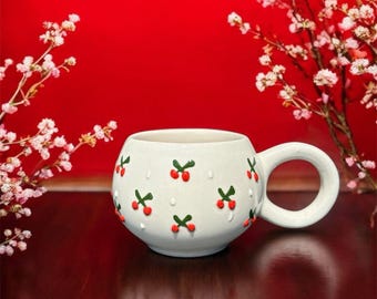 Handmade Cherry Mug, 200 ml Ceramic Coffee Cup, Unique Fruit Pattern Mug, Cute Gift Idea
