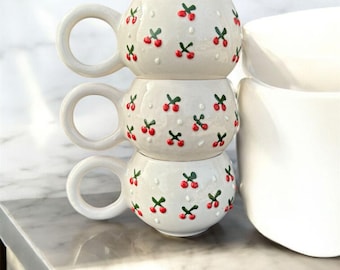Set med 3 handgjorda körsbärsmuggar söt röd frukt keramikmugg präglad keramik kaffemugg 200ml