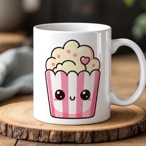 Kawaii Popcorn Mug Cute Pink Cartoon Cup for Movie Lovers 11 oz Ceramic Coffee Mug Gift for Kids & Teens