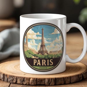 Paris Souvenir Mug 330ml Ceramic Coffee Cup with Eiffel Tower Vintage Illustration France Travel Gift for Paris Lovers