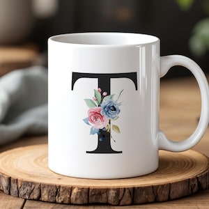 Taza personalizada con letra T floral de 330 ml, taza de café con inicial personalizada, elegante regalo con monograma, taza de té de cerámica para ella