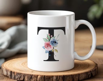Personalized Floral Letter T Mug 330 ml Custom Initial Coffee Cup Elegant Monogram Gift Ceramic Tea Cup for Her