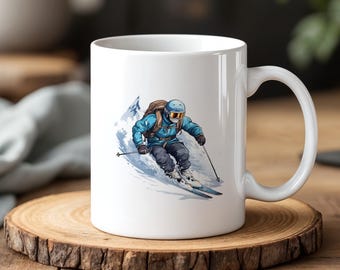 Handgefertigte Skifahrer Keramiktasse Snowy Mountain Sport Kaffeetasse Winterabenteuer Geschenk für Skifahrer Männer & Frauen 330ml Schneeliebhaber Becher