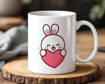 Kawaii Bunny Mug Cute Rabbit with Heart Cup 11 oz Ceramic Gift for Kids Couples and Animal Lovers