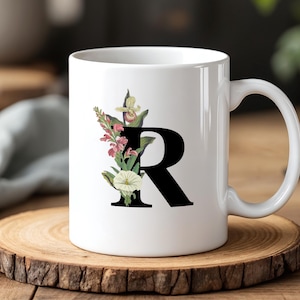 Taza con monograma floral R, diseño botánico de la letra R, 325 ml, regalo personalizado para ella, taza con inicial y elegantes flores