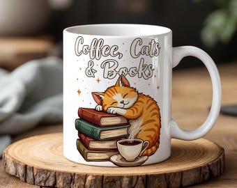 Cute Cat Coffee Mug Book Lover Gift Cozy Cat Sleeping on Books Coffee Books Mug Cat Mom Mug Reading Mug