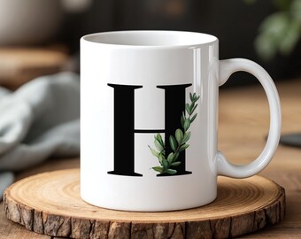 Personalisierte H-Tasse mit botanischem Buchstabe-Design-kundenspezifischer Monogramm-Kaffeetasse-minimaler Blumengeschenkbecher 11 Unzen Keramik
