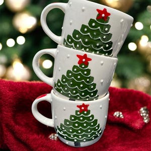 Set of 3 Christmas Tree Mug 250ml Ceramic Holiday Cups Embossed Festive Design Winter Gift Set
