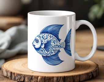 Blauwe keramische vismok 11 oz Delfts-geïnspireerde artistieke koffiekop