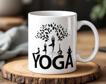Yogamugg meditation och välbefinnande keramisk kopp svartvit yogapositionskonst mindfulness present till yogaälskare 30 cl kaffe- eller temugg