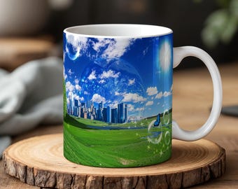 Frutiger Aero Aesthetic Mug z futurystycznym wzorem miasta natury Y2K Bubblecore Cup Techcore Style Prezent dla miłośników estetyki
