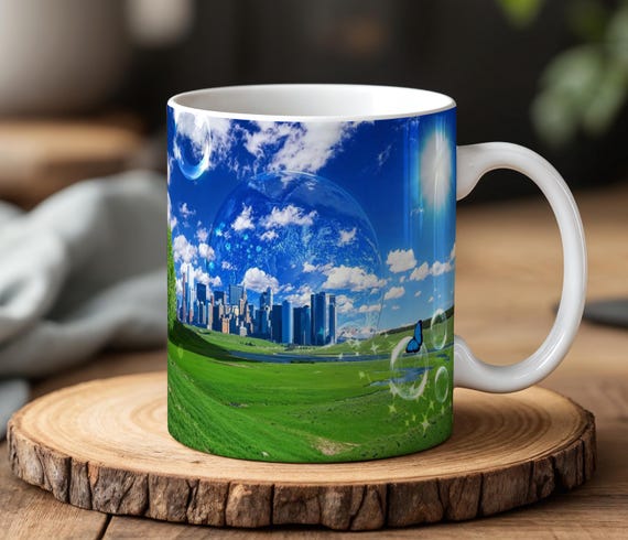 Frutiger Aero Aesthetic Mug with Futuristic Nature City Design Y2K Bubblecore Cup Techcore Style Gift for Aesthetic Lovers