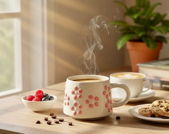 Handmade Pink Daisy Ceramic Mug 200ml Floral Coffee Cup Unique Handmade Flower Mug Gift for Her Cozy Home Kitchen Decor