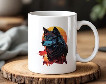 Bunter Wolf Becher 330ml Sonnenuntergang Wald Wolf Kunst Wildes Tier Kaffeetasse Naturgeist Tier Geschenk Boho Wolf Design