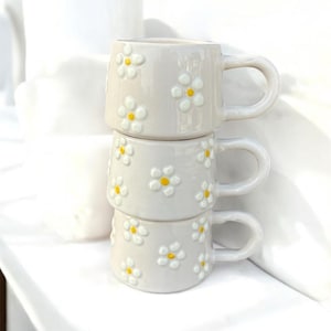 Set Of 3 Handmade Daisy Mug White Flower Ceramic Cup Embossed Floral Pottery 200ml