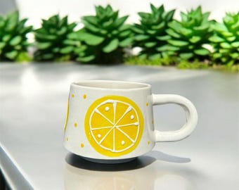 Handmade Lemon Ceramic Mug 200 ml Yellow Citrus Fruit Coffee Cup Cute Pottery Tea Mug Summer Gift Idea