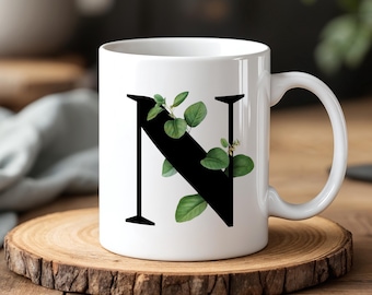 Personalized N Initial Mug with Green Leaf Design Botanical Letter Coffee Cup Ceramic 11 oz Gift for Her or Him 330 Ml