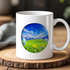May include: White ceramic mug featuring a clock face with a vibrant landscape design. The clock face depicts a sunny meadow with blue skies, clouds, and bubbles. The mug sits on a wooden coaster.
